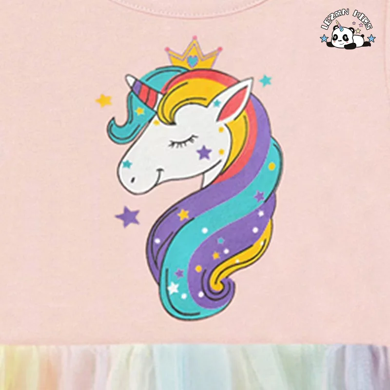 LEZONKIDS - Vestido de Menina Unicórnio Impresso Personalizável por Atacado com Mangas Curtas e Tule, Vestido Pufle de Arco-íris